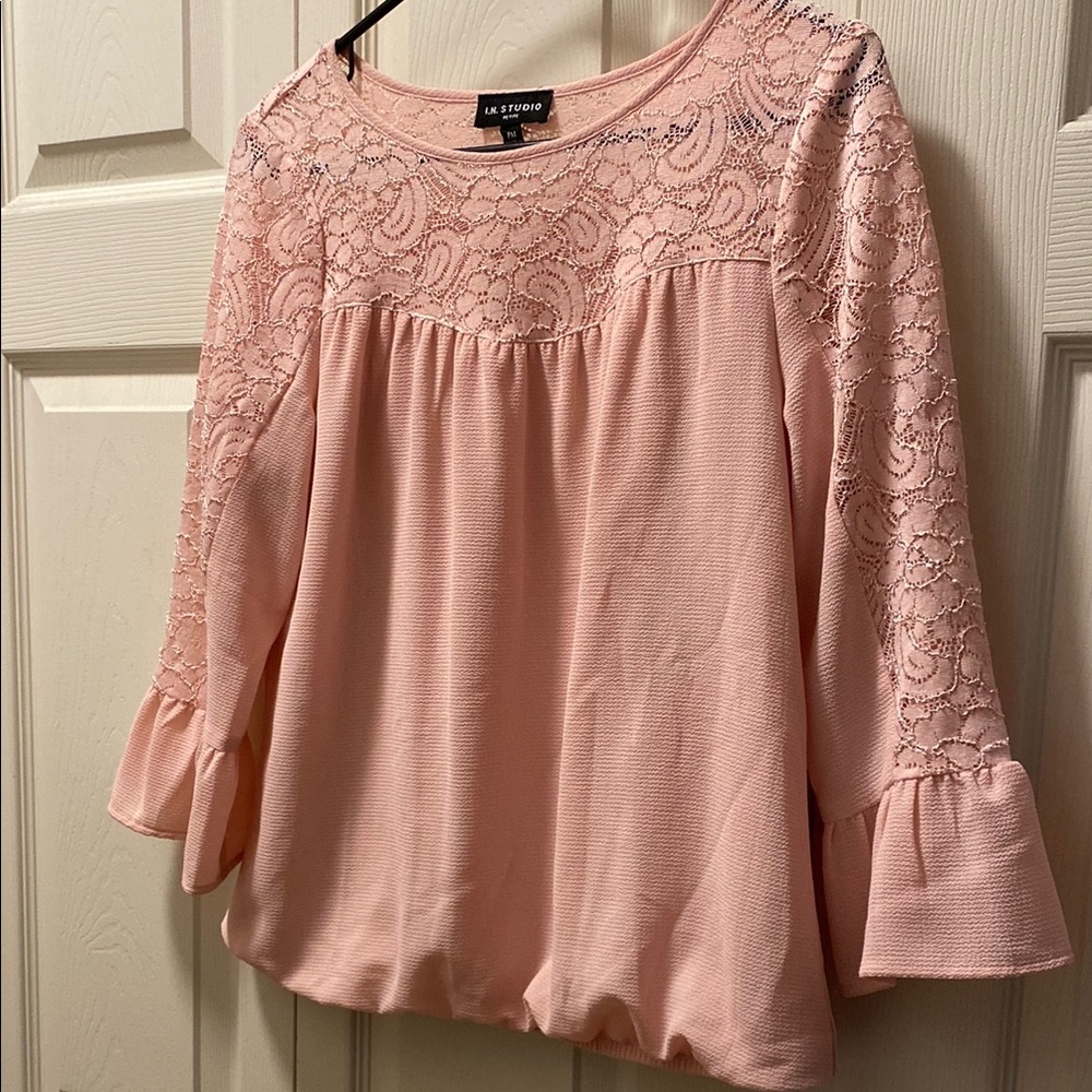 I.N. Studio Pink Ruffled Blouse with Bell Sleeves
